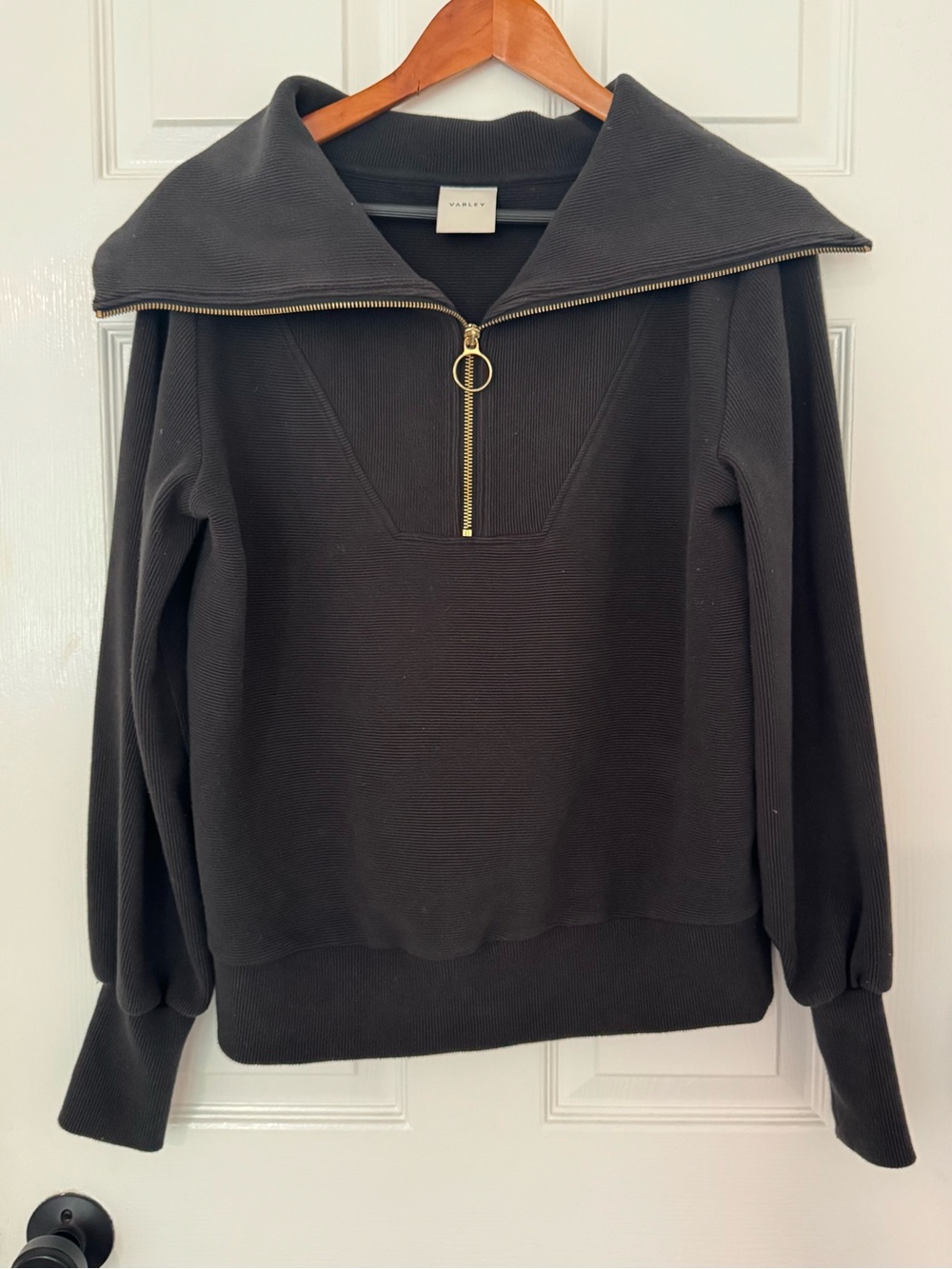 Varley Vine Black Half-Zip Funnel Neck Sweater with Gold Ring Pull